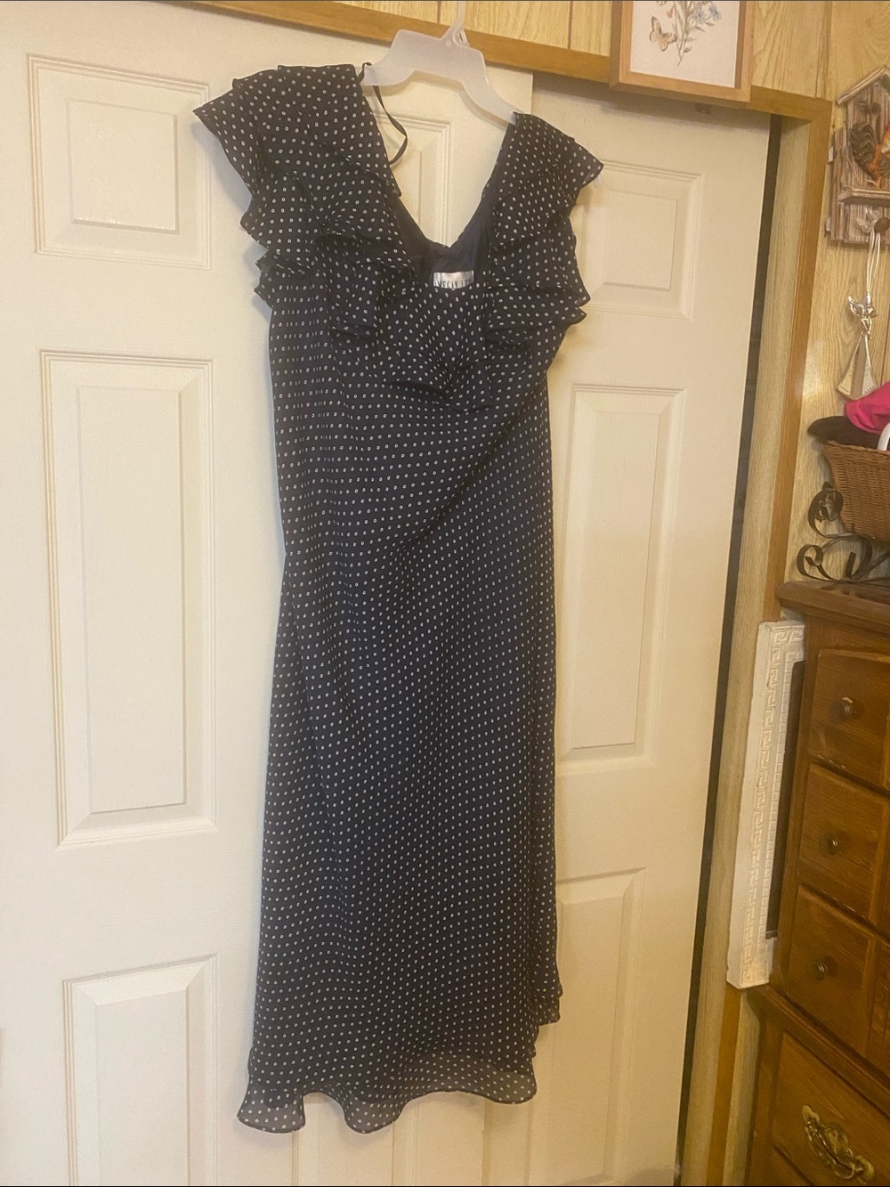 Ruffled V-Neck Polka Dot Maxi Dress - Black